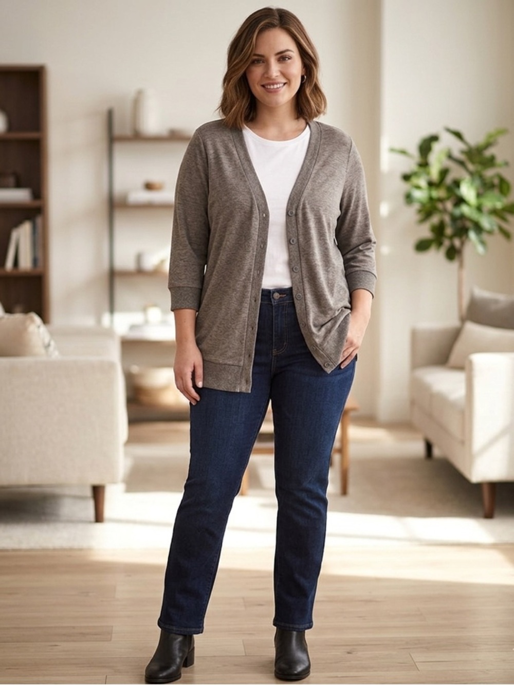 Gray Women's Cardigan 3/4 Sleeves 2X